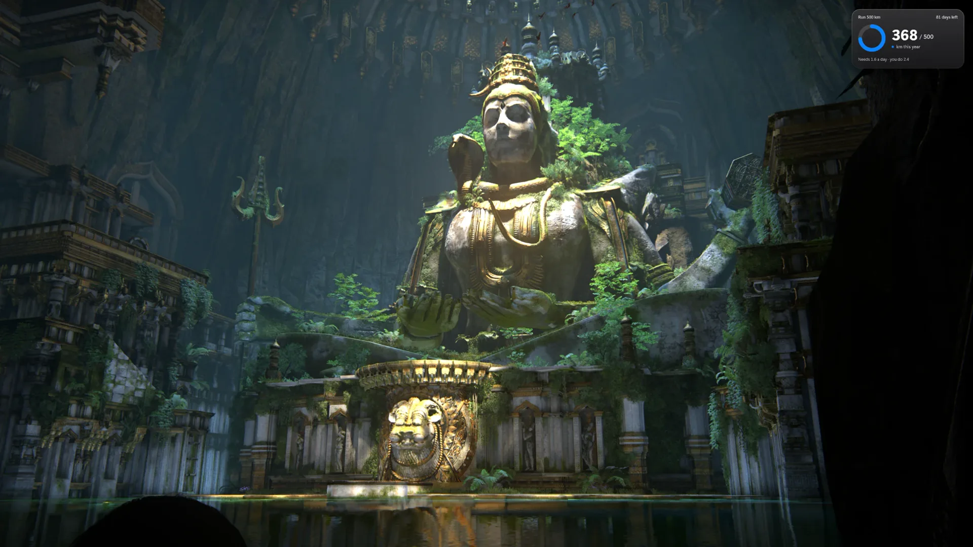 Aim, top right, over a temple statue