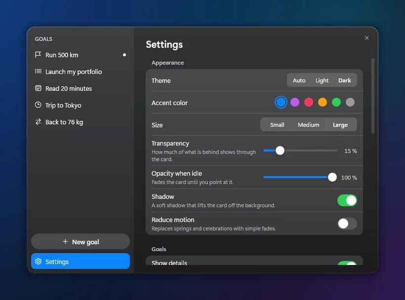 Theme, colour, size and transparency